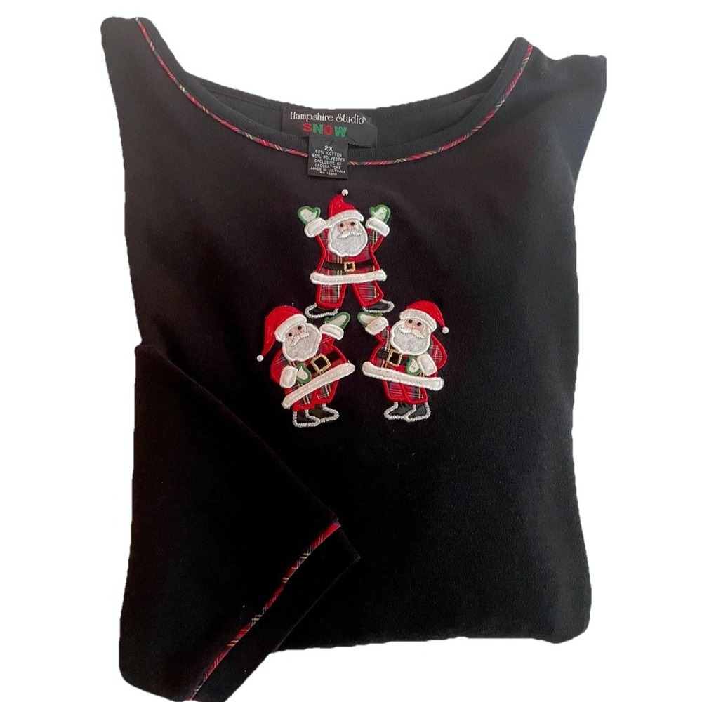Hampshire Studio Womans 2XL Top Snow Santa Christmas Black Holiday Winter